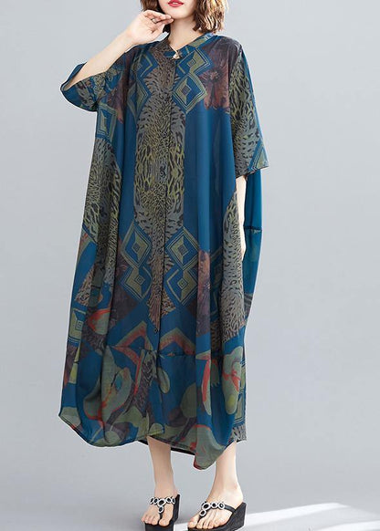 Elegant Stand Collar Summer Tunics Blue Abstract Pattern Long Dress - SooLinen