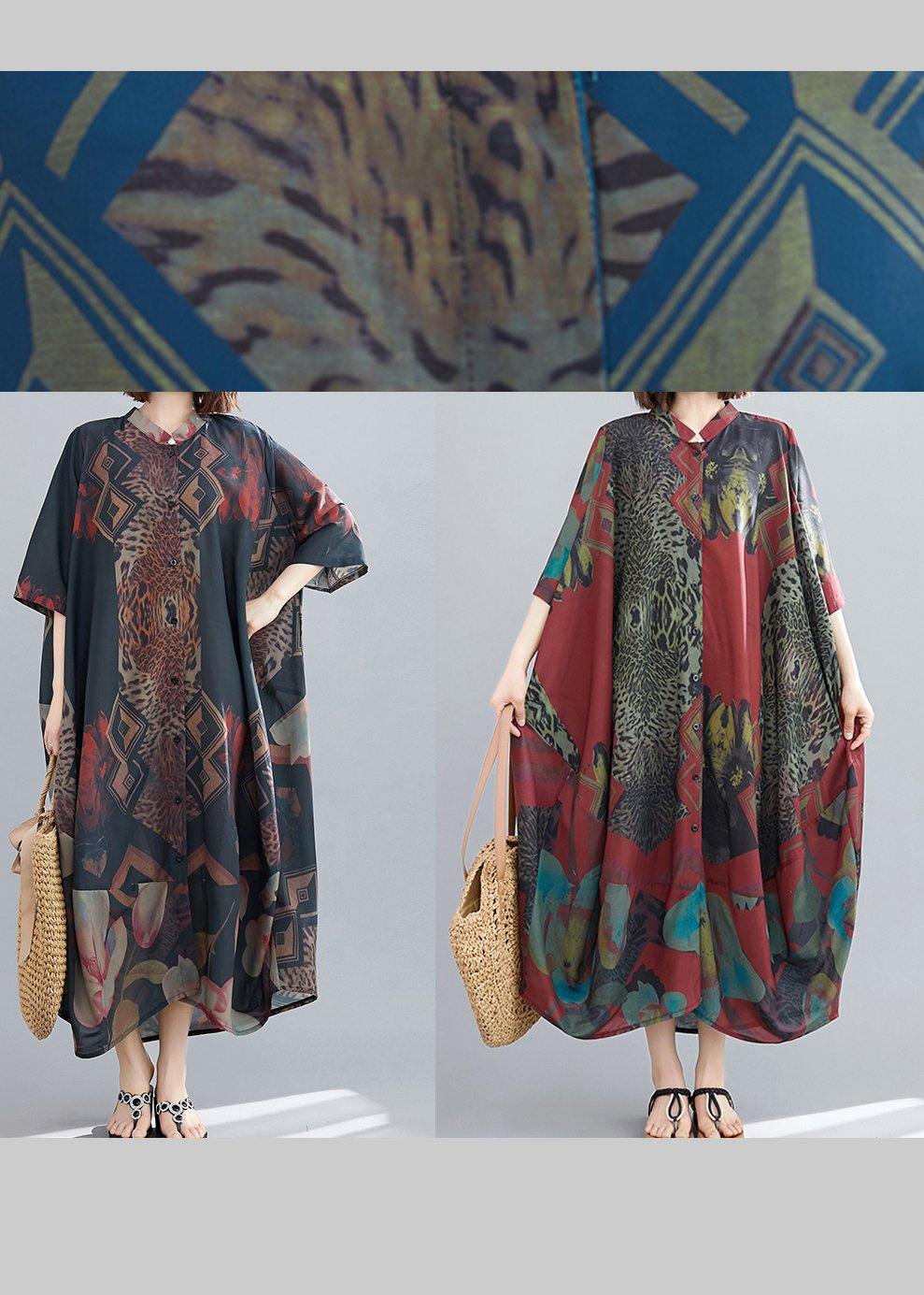 Elegant Stand Collar Summer Tunics Blue Abstract Pattern Long Dress - SooLinen