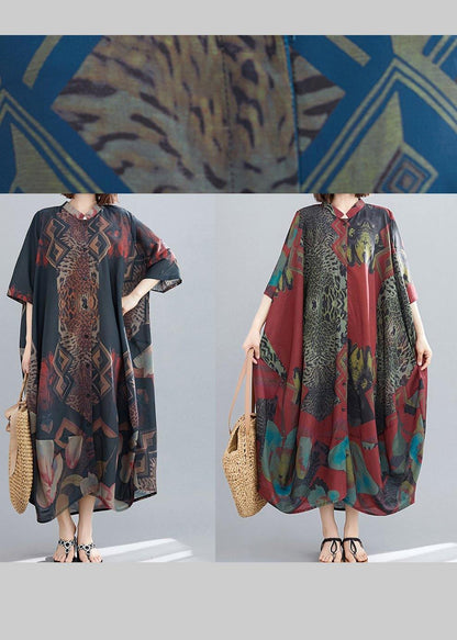 Elegant Stand Collar Summer Tunics Blue Abstract Pattern Long Dress - SooLinen