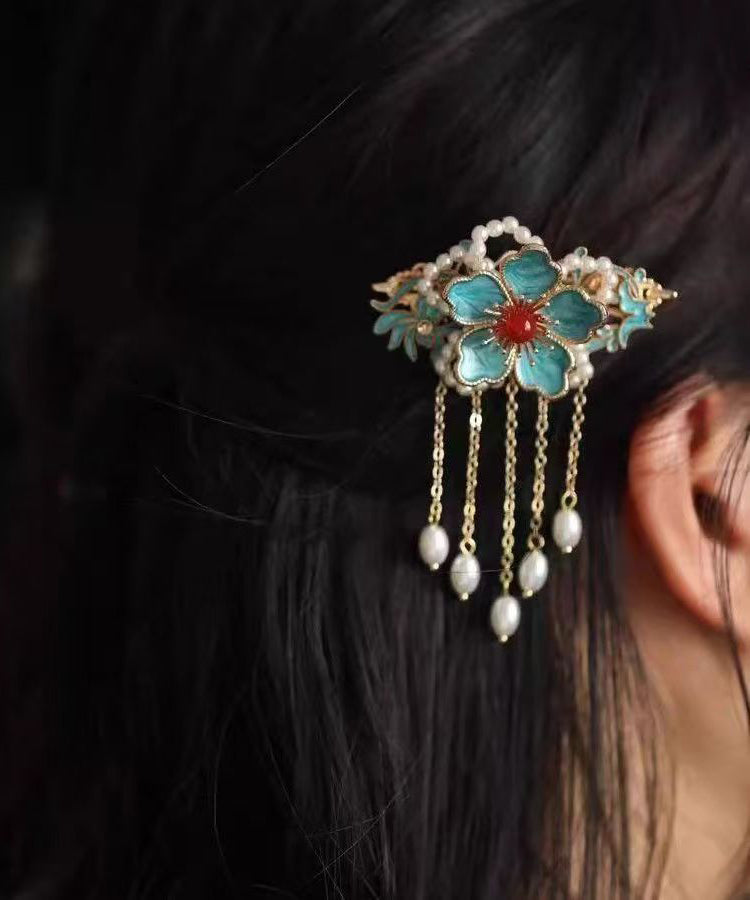 Elegant Sterling Silver Overgild Butterfly Floral Tassel Hairpin