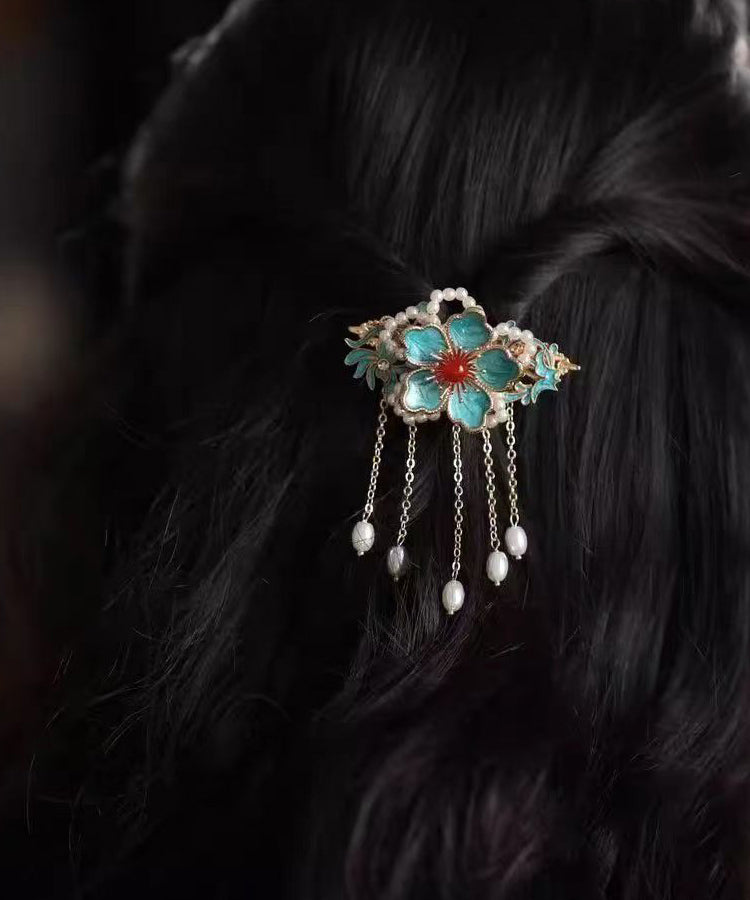 Elegant Sterling Silver Overgild Butterfly Floral Tassel Hairpin