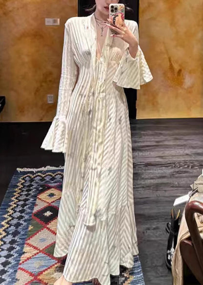 Elegant Striped Bow High Waist Long Dress Flare Sleeve