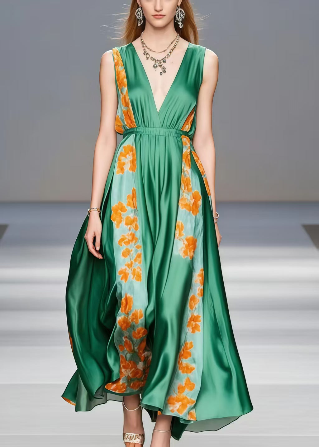Elegant Tea Green V Neck Patchwork Silk Holiday Dress Sleeveless