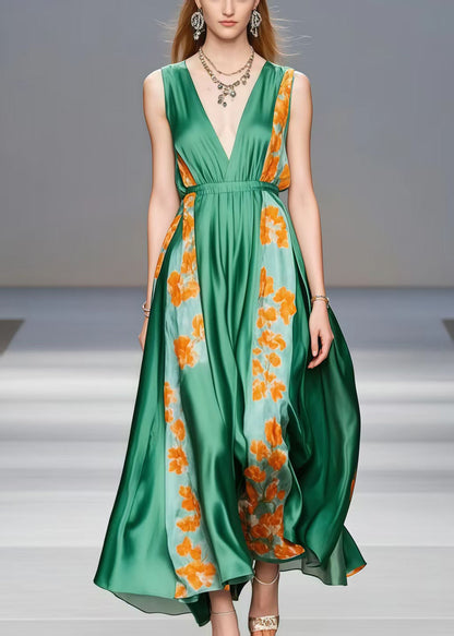 Elegant Tea Green V Neck Patchwork Silk Holiday Dress Sleeveless