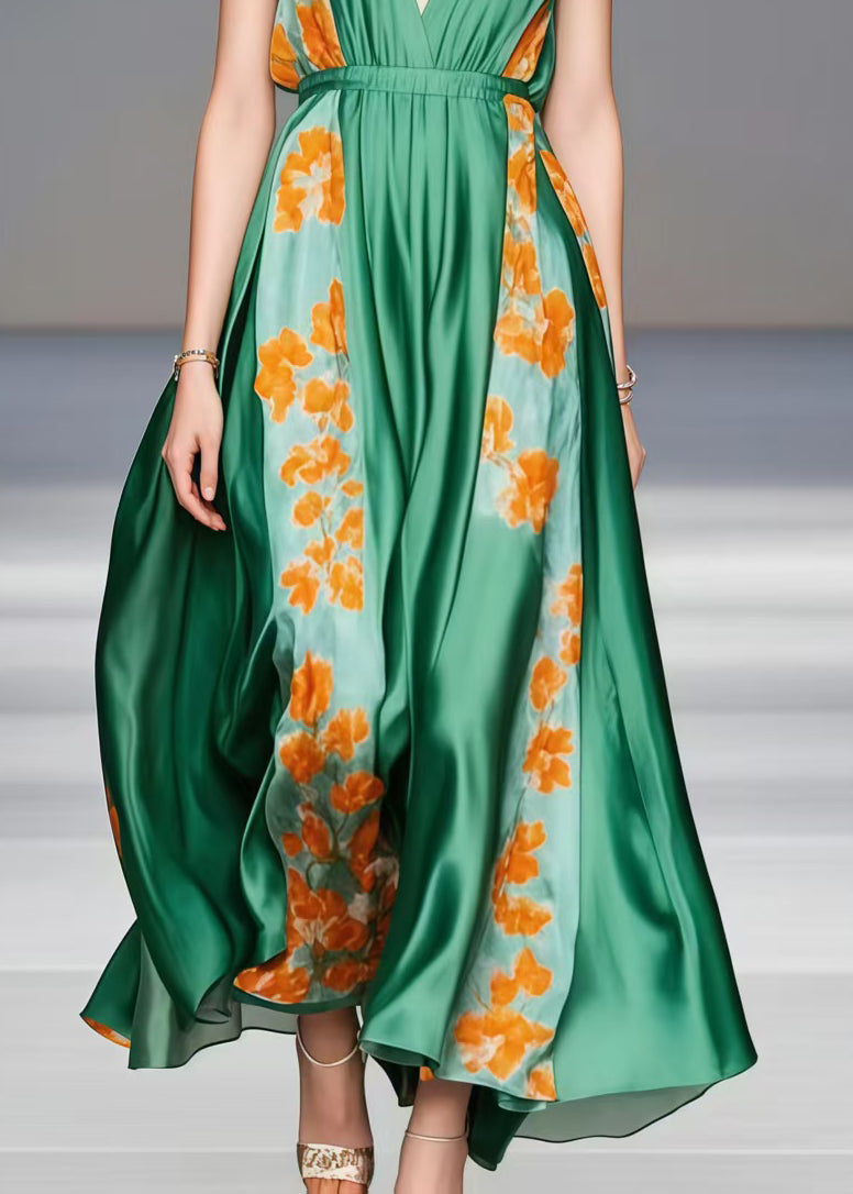 Elegant Tea Green V Neck Patchwork Silk Holiday Dress Sleeveless