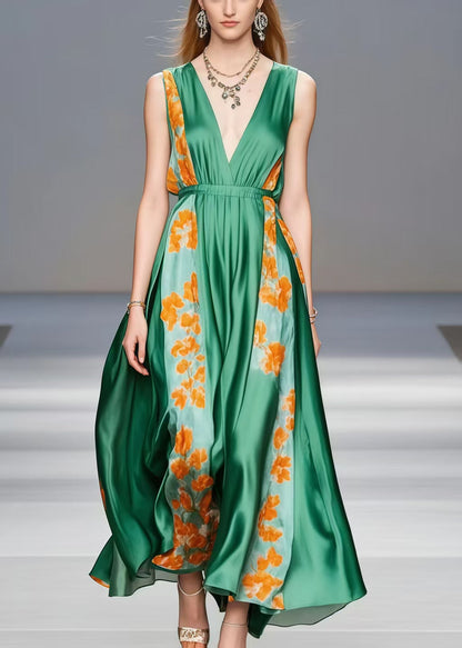 Elegant Tea Green V Neck Patchwork Silk Holiday Dress Sleeveless