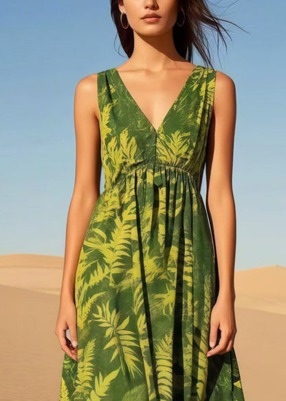 Elegant Tea Green V Neck Print Cotton Cami Dresses Summer