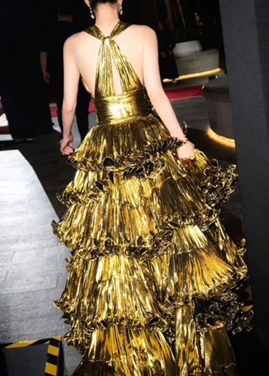 Elegant Three-Dimensional Ruffled V-Neck Low High Design Trailing Dress
