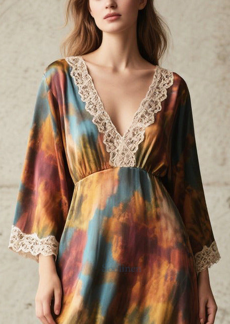 Elegant Tie Dye Lace Patchwork Chiffon Robe Dresses Fall