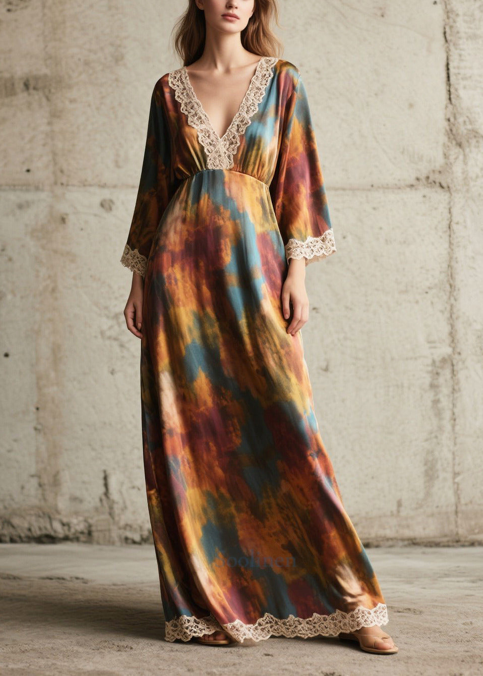 Elegant Tie Dye Lace Patchwork Chiffon Robe Dresses Fall