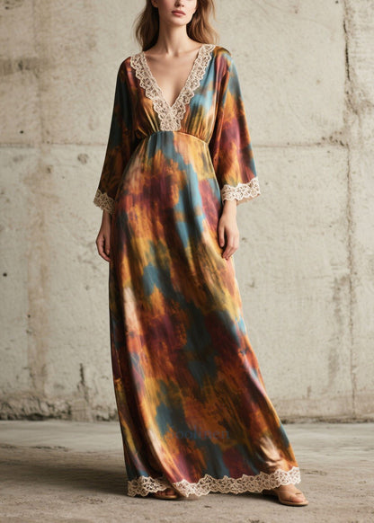 Elegant Tie Dye Lace Patchwork Chiffon Robe Dresses Fall