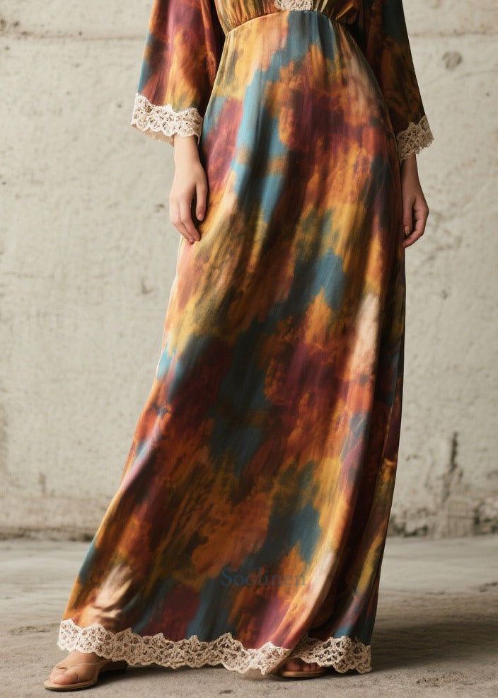 Elegant Tie Dye Lace Patchwork Chiffon Robe Dresses Fall