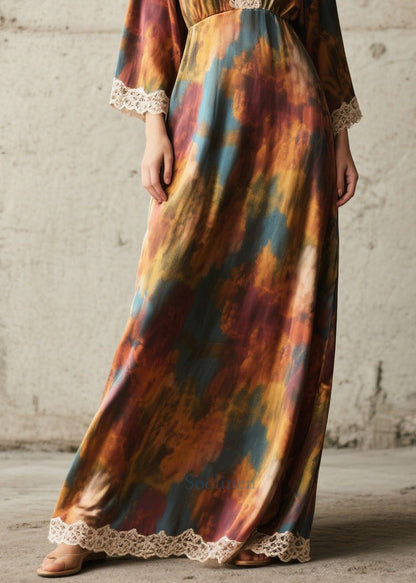 Elegant Tie Dye Lace Patchwork Chiffon Robe Dresses Fall