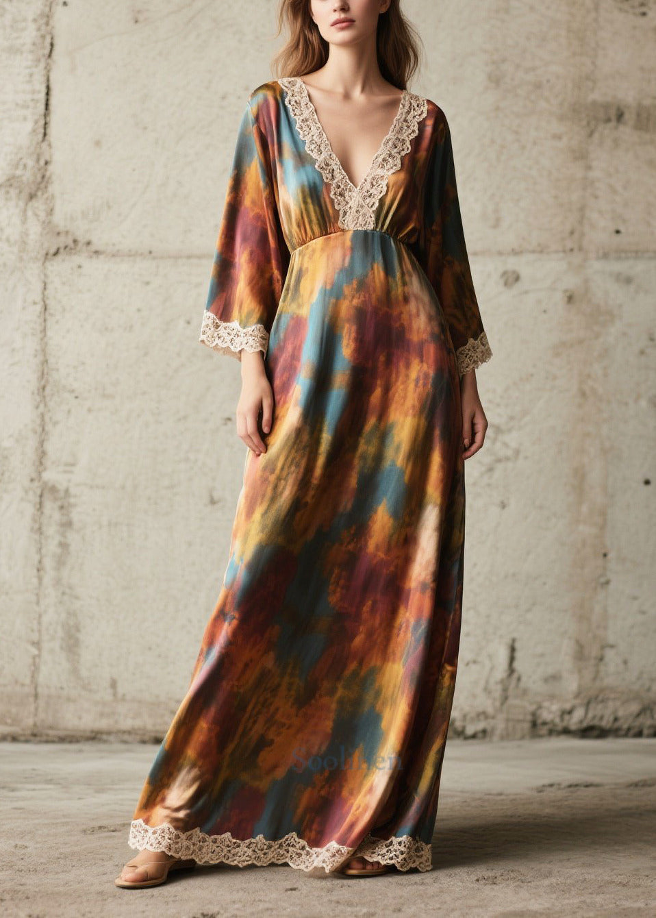 Elegant Tie Dye Lace Patchwork Chiffon Robe Dresses Fall