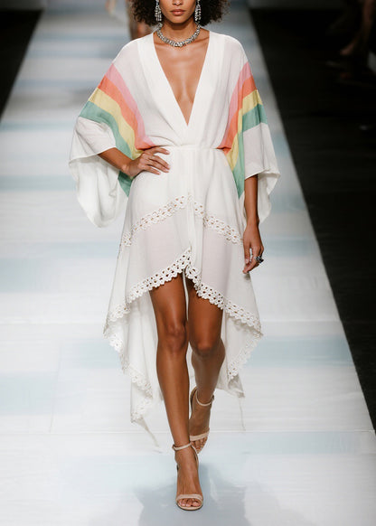 Elegant V Neck Asymmetrical Design Patchwork Cotton Dresses Summer