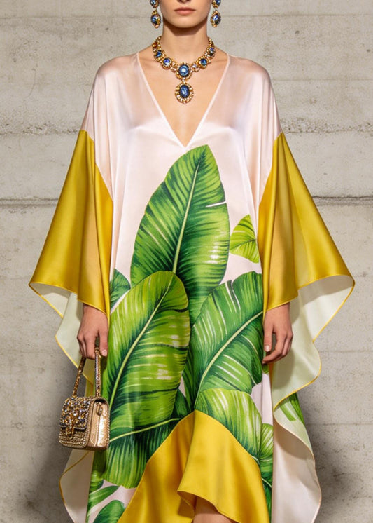 Elegant V Neck Asymmetrical Design Print Chiffon Dresses Summer