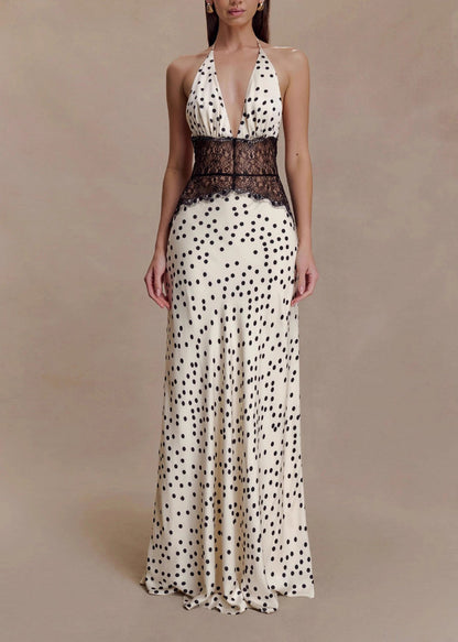 Elegant V Neck Lace Patchwork Backless Silk Dresses Summer
