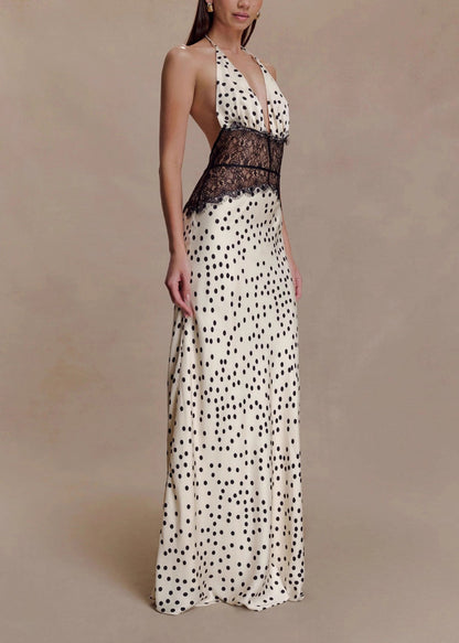 Elegant V Neck Lace Patchwork Backless Silk Dresses Summer
