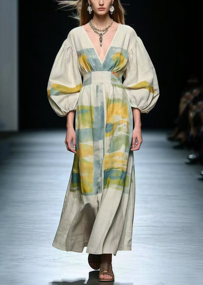 Elegant V Neck Print Cotton Long Dress Lantern Sleeve