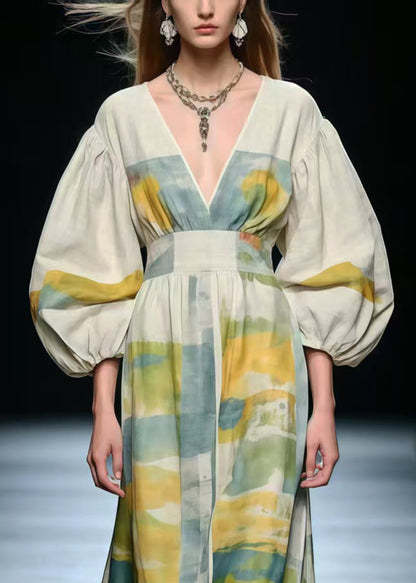 Elegant V Neck Print Cotton Long Dress Lantern Sleeve