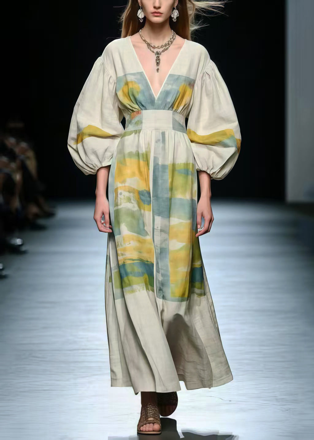 Elegant V Neck Print Cotton Long Dress Lantern Sleeve