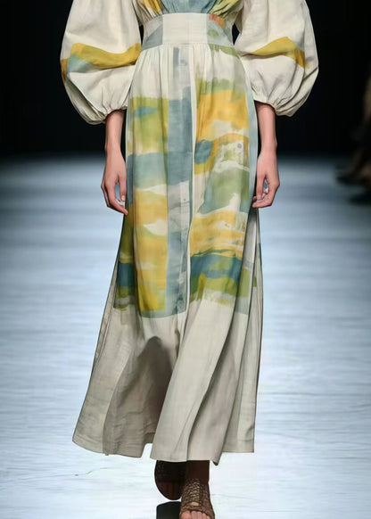 Elegant V Neck Print Cotton Long Dress Lantern Sleeve