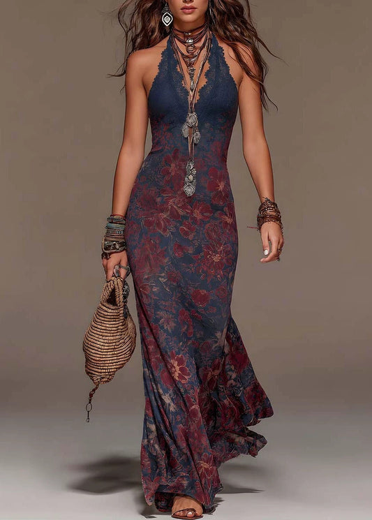 Elegant V Neck Print Lace Patchwork Cotton Vacation Dresses Sleeveless