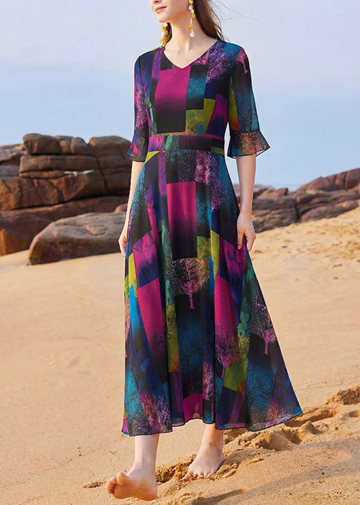 Elegant V Neck Print Patchwork Chiffon Long Dress Summer
