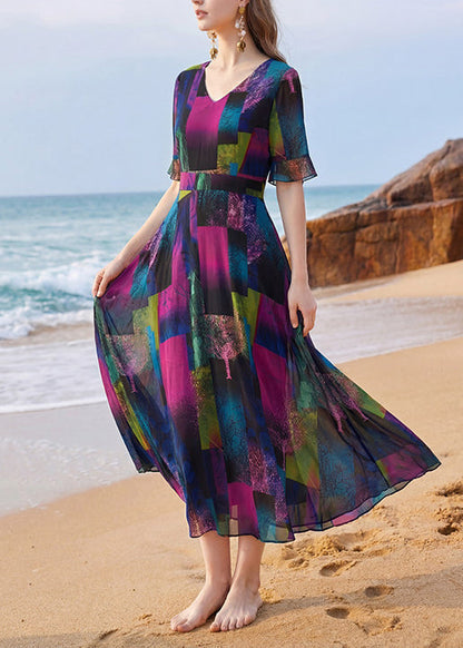 Elegant V Neck Print Patchwork Chiffon Long Dress Summer