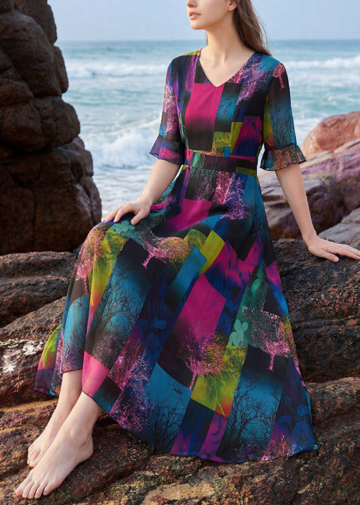 Elegant V Neck Print Patchwork Chiffon Long Dress Summer