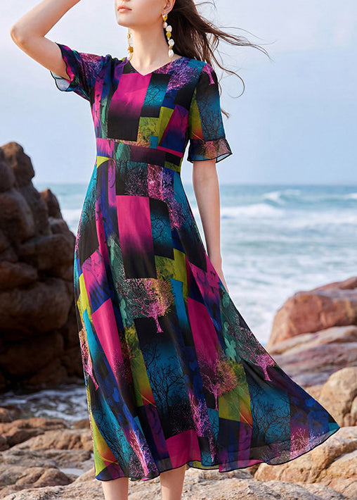 Elegant V Neck Print Patchwork Chiffon Long Dress Summer