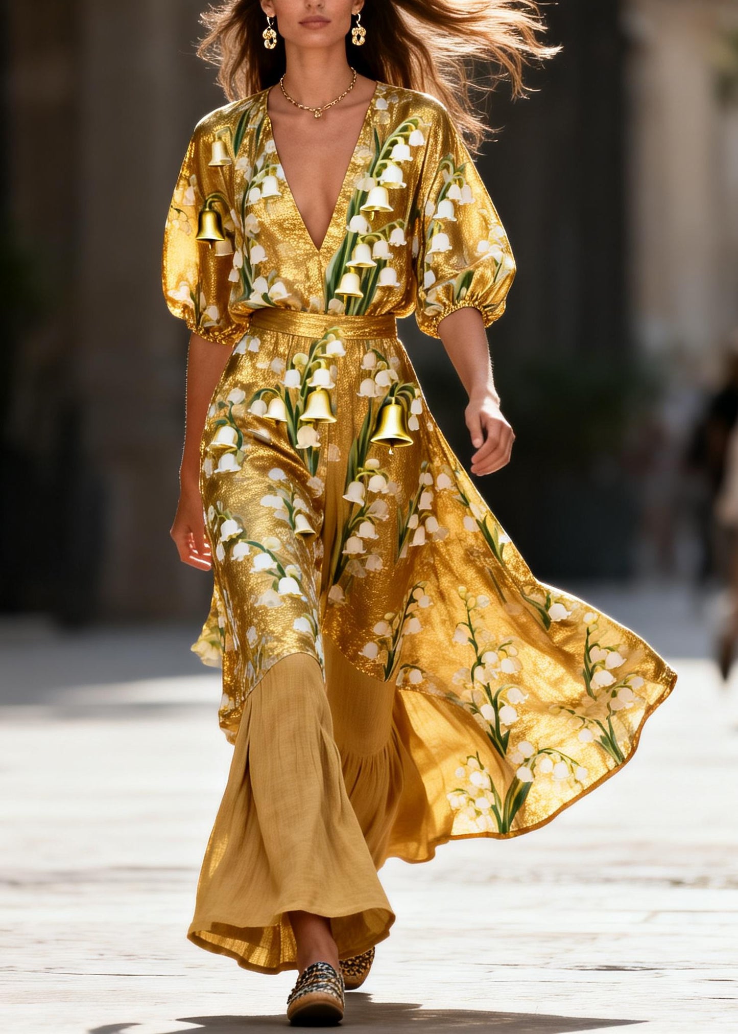 Elegant V Neck Print Patchwork Linen Silk Two Pieces Set Summer