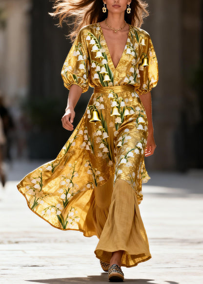 Elegant V Neck Print Patchwork Linen Silk Two Pieces Set Summer