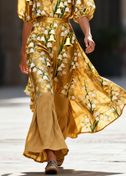 Elegant V Neck Print Patchwork Linen Silk Two Pieces Set Summer