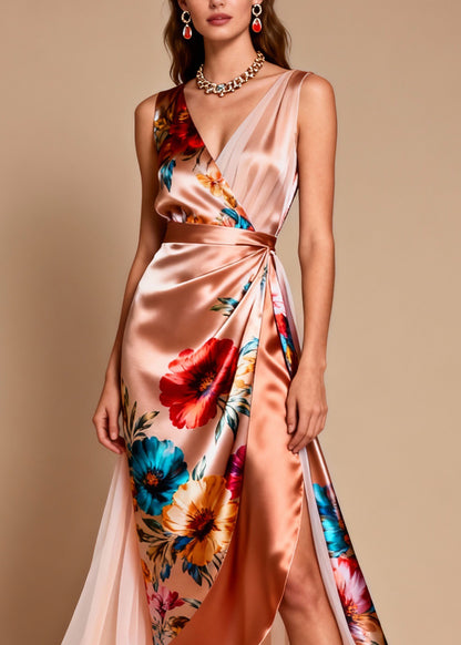 Elegant V Neck Print Patchwork Silk Dress Sleeveless