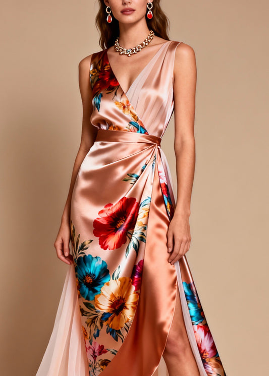 Elegant V Neck Print Patchwork Silk Dress Sleeveless