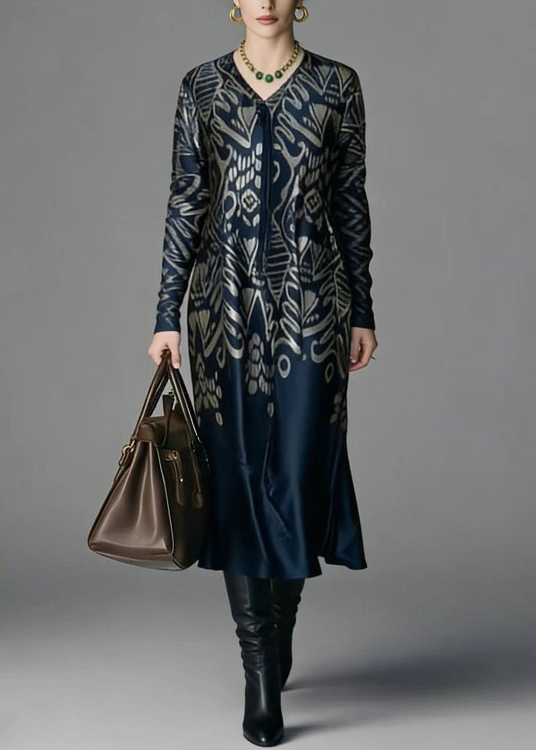 Elegant V Neck Print Plus Size Silk Dress Spring