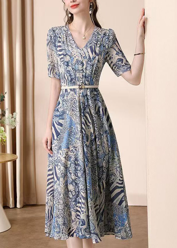 Elegant V Neck Print Wrinkled Chiffon Dress Summer