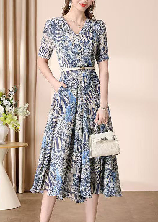 Elegant V Neck Print Wrinkled Chiffon Dress Summer