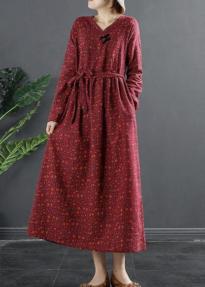 Elegant V Neck Quilting Dresses Shape Red Print Long Dress - SooLinen