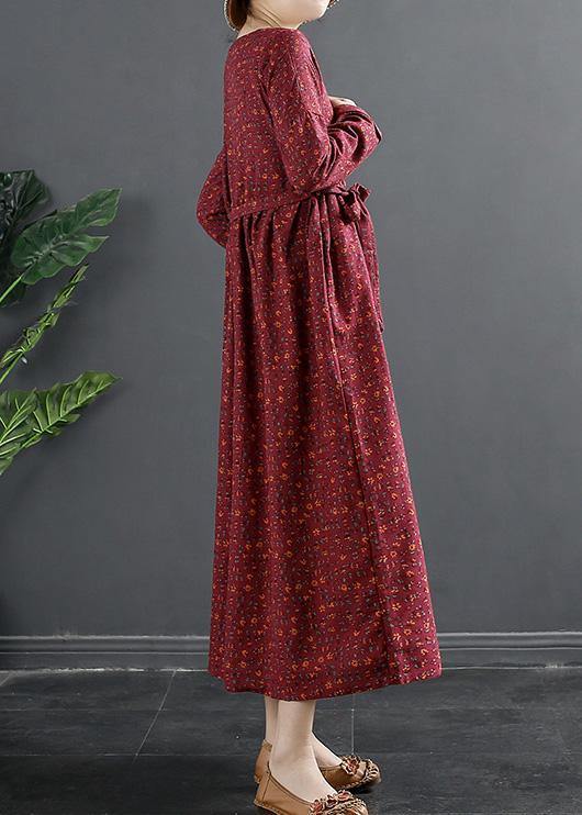Elegant V Neck Quilting Dresses Shape Red Print Long Dress - SooLinen