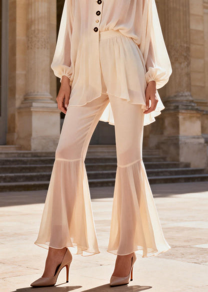 Elegant V Neck Ruffled Patchwork Silk Two Pieces Set Spring