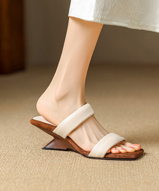 Elegant Wedge Beige Cowhide Leather Slide Sandals Peep Toe