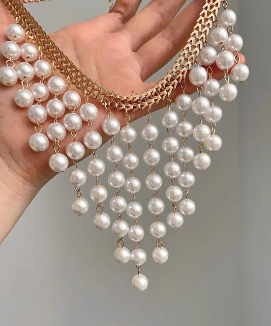 Elegant White Alloy Chain Grapes Pearl Tassel Pendant Necklace