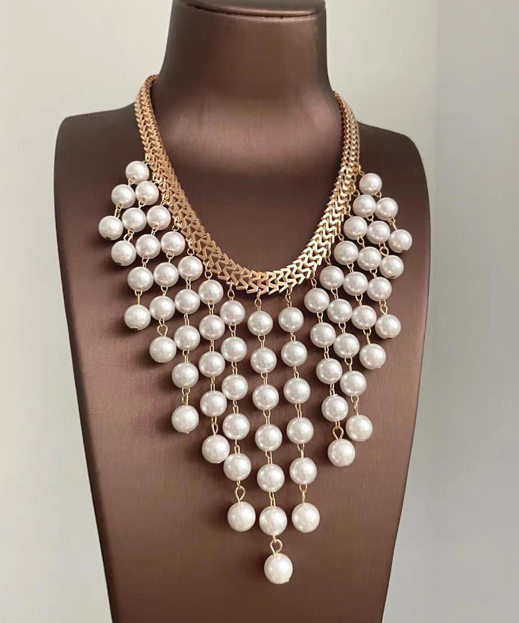 Elegant White Alloy Chain Grapes Pearl Tassel Pendant Necklace