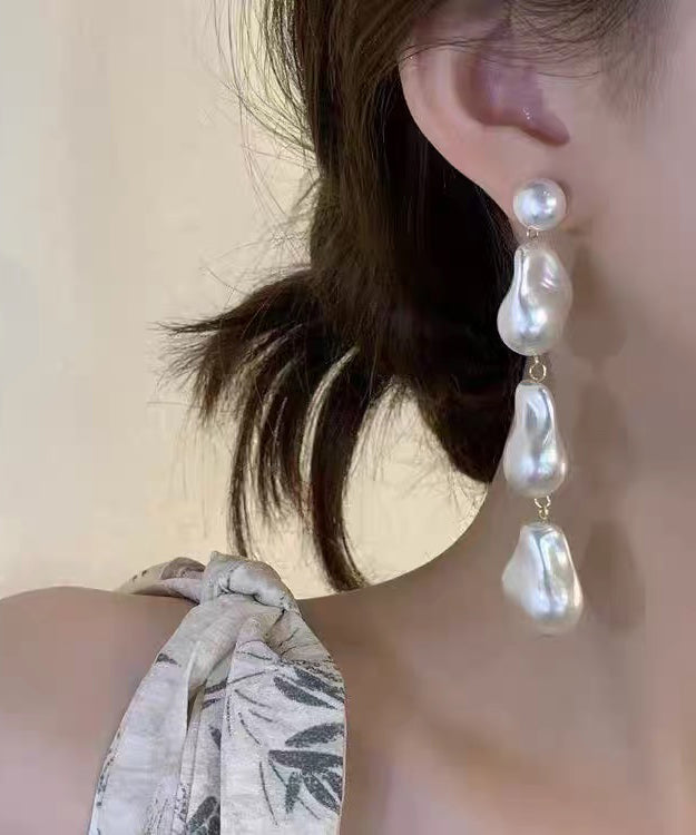 Elegant White Alloy Pearl Tassel Drop Earrings