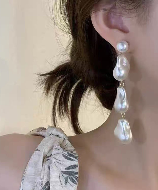 Elegant White Alloy Pearl Tassel Drop Earrings