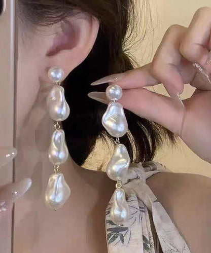 Elegant White Alloy Pearl Tassel Drop Earrings