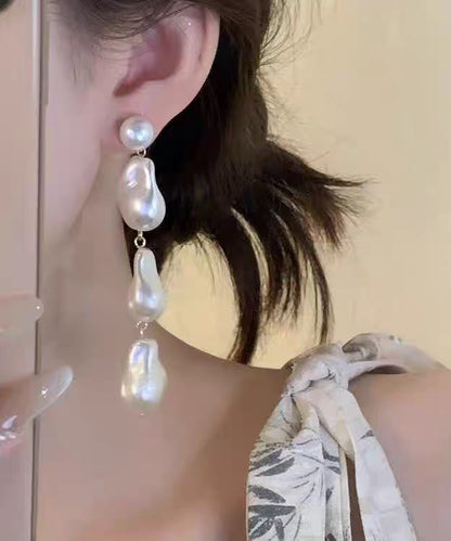 Elegant White Alloy Pearl Tassel Drop Earrings