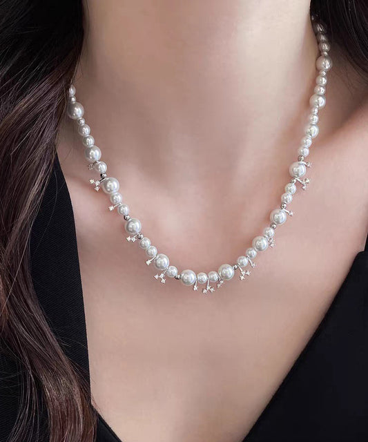 Elegant White Alloy Zircon Pearl Beading Gratuated Bead Necklace
